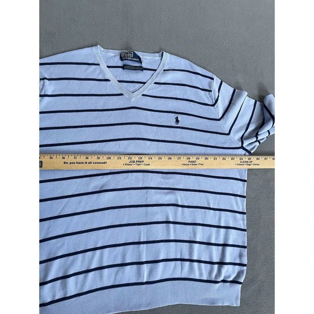 Polo Ralph Lauren Sweater Mens Medium Blue Striped Pima Cotton V Neck Logo Pony